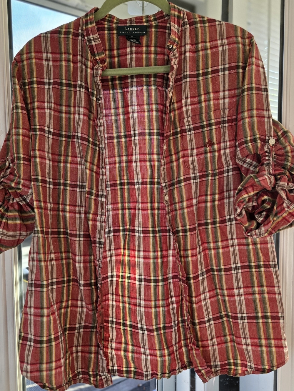 Lauren Ralph Lauren Red Plaid Button-Up Linen Shirt Women's Large